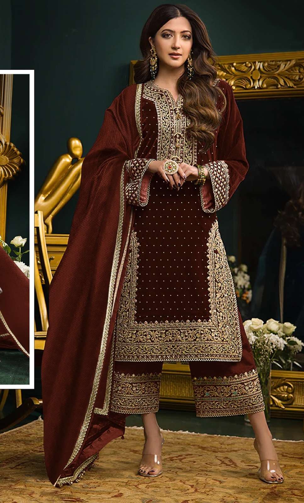 DESIGNER FANCY WEDDING PARTY WEAR PREMIUM VISCOSE VELVET MAROON PALAZZO SALWAR SUIT CPR 2005 C