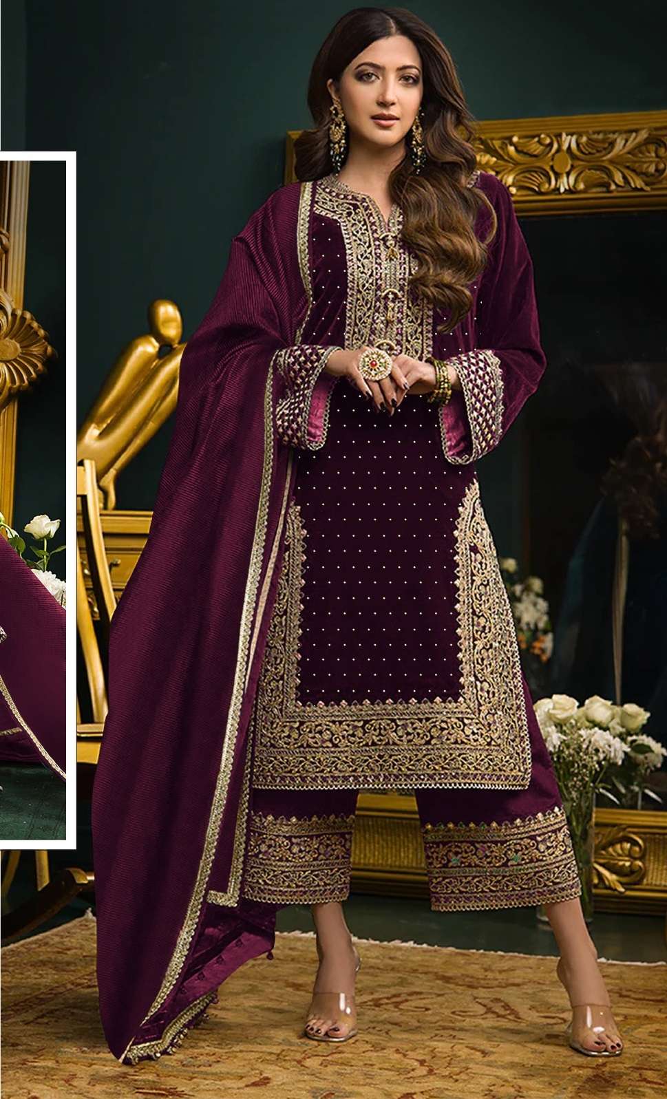 DESIGNER FANCY WEDDING PARTY WEAR PREMIUM VISCOSE VELVET WINE PALAZZO SALWAR SUIT CPR 2005 D