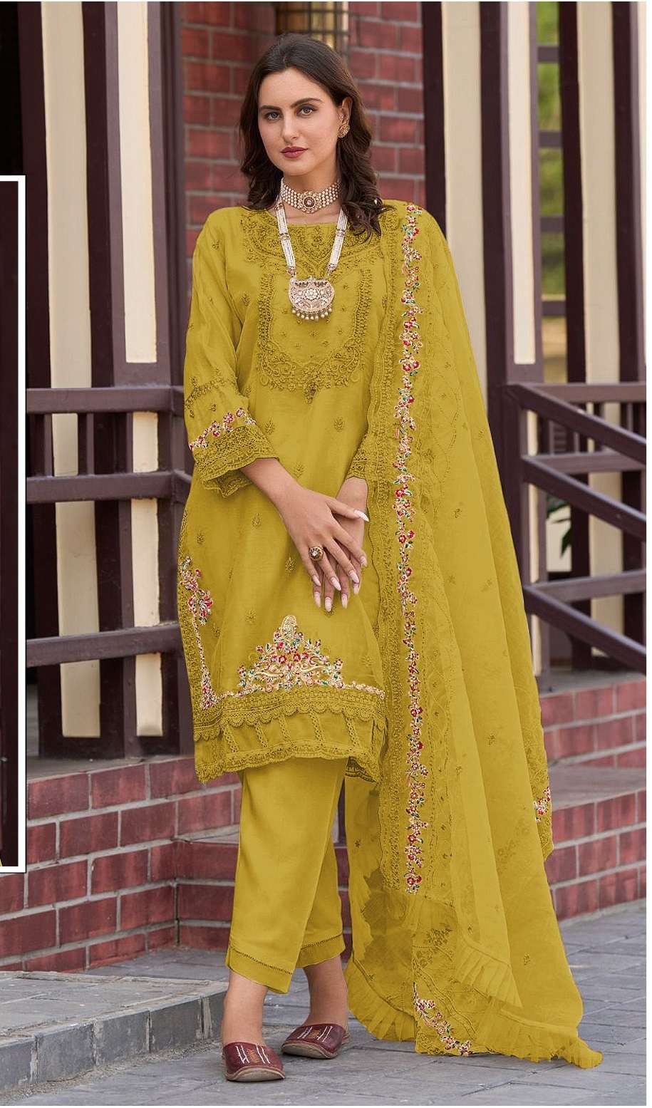 DESIGNER FANCY WEDDING PARTY WEAR YELLOW ORGANZA STRAIGHT INDIAN PAKISTANI SALWAR SUIT SRH 1049 B