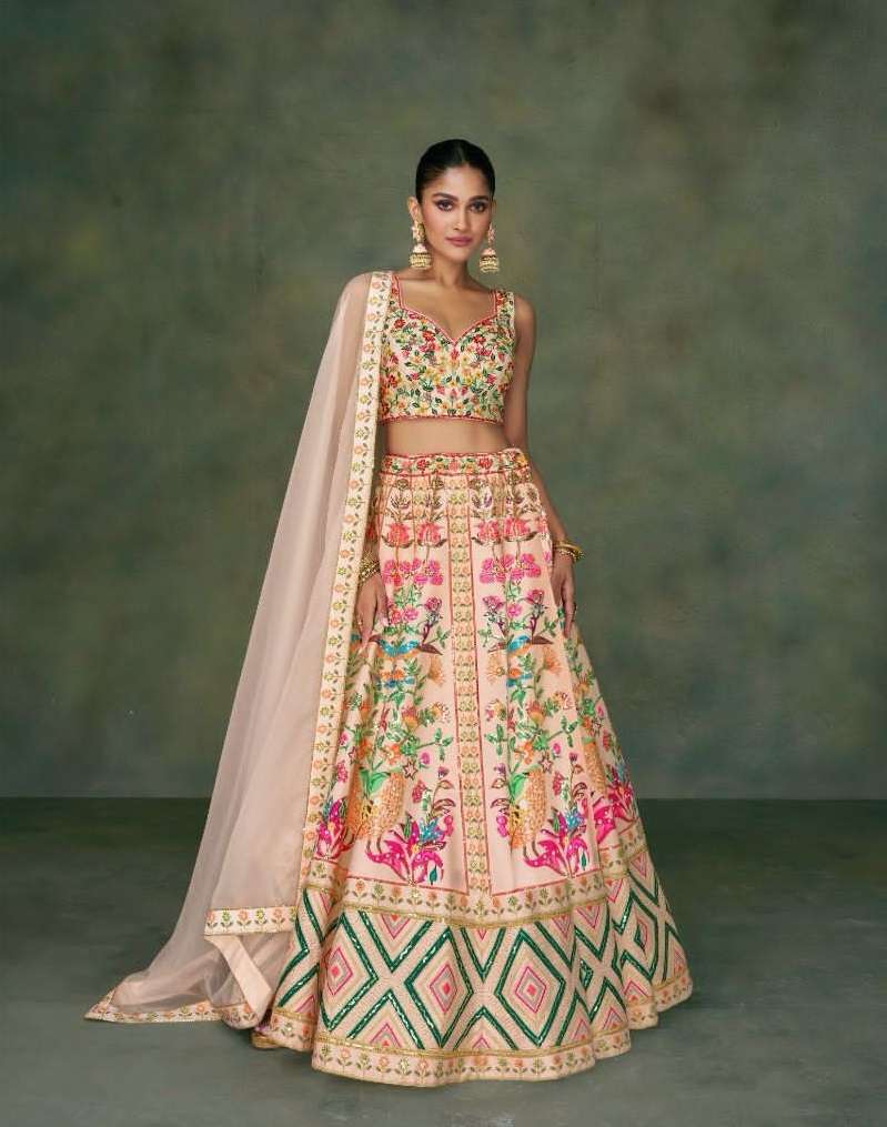 DESIGNER INDIAN BOLLYWOOD PARTY WEAR HEAVY COLOR FULL SILK LEHENGA CHOLI WITH AARI WORK SY ODHANI 5363