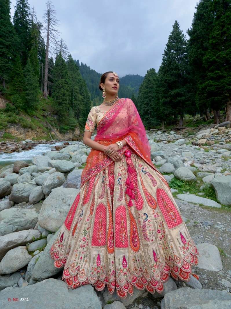 DESIGNER INDIAN BRIDAL WEDDING WEAR HEAVY BANARASI SILK CHIKU PINK LEHENGA CHOLI WITH AARI WORK TATHASTU SM 6304