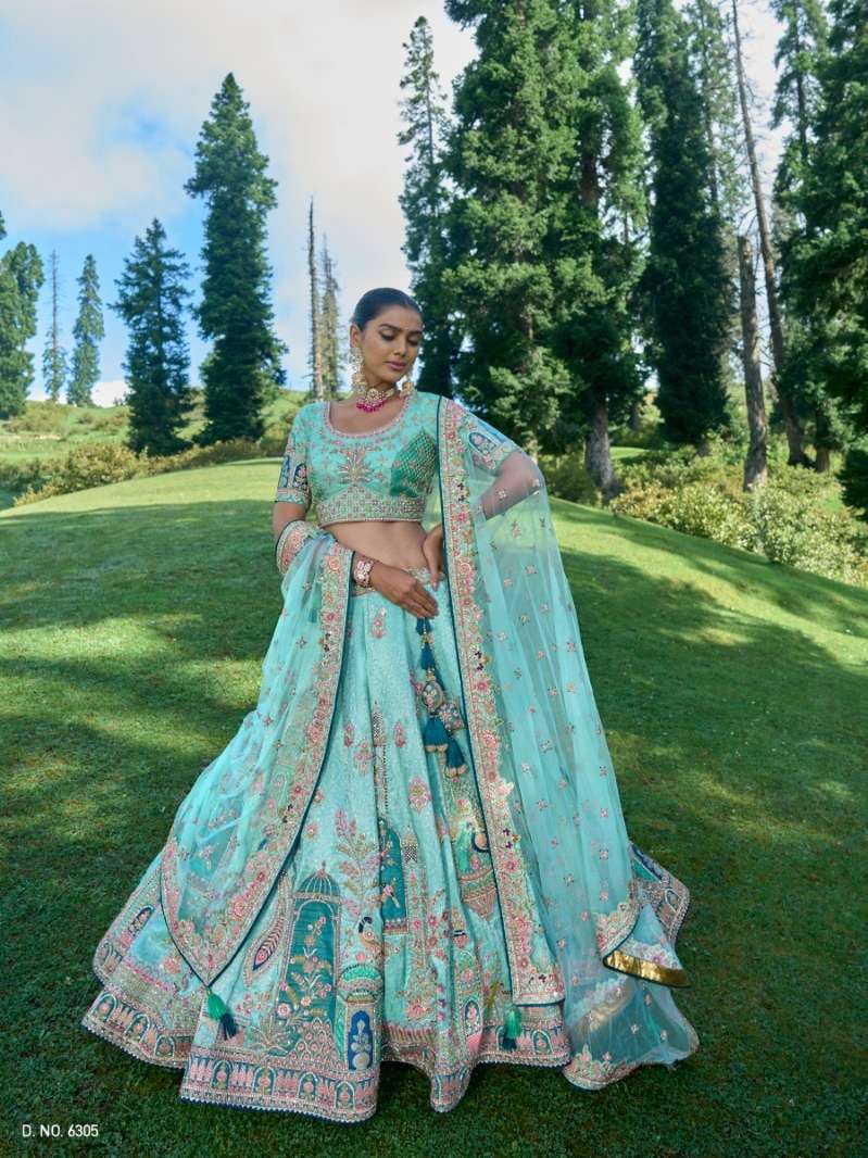 DESIGNER INDIAN BRIDAL WEDDING WEAR HEAVY BANARASI SILK SKY BLUE LEHENGA CHOLI WITH AARI WORK TATHASTU SM 6305