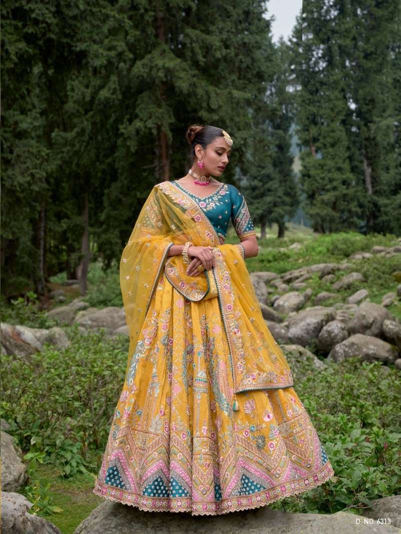 DESIGNER INDIAN BRIDAL WEDDING WEAR HEAVY BANARASI SILK YELLOW LEHENGA CHOLI WITH AARI WORK TATHASTU SM 6313