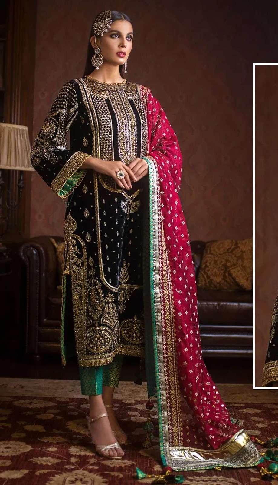 DESIGNER INDIAN PAKISTANI FANCY WEDDING PARTY WEAR BLACK VELVET STRAIGHT SALWAR SUIT JG 4112 A