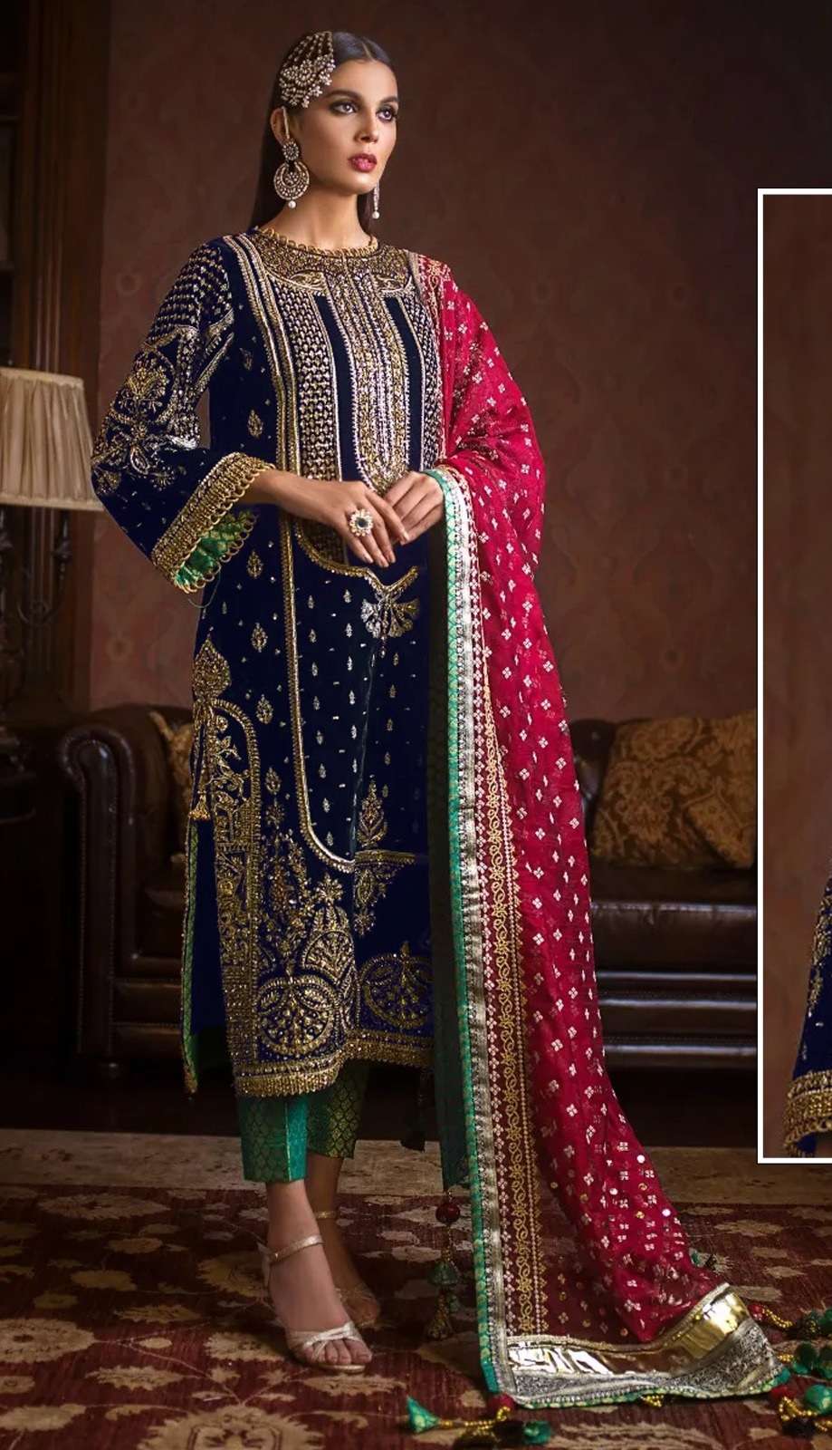 DESIGNER INDIAN PAKISTANI FANCY WEDDING PARTY WEAR BLUE VELVET STRAIGHT SALWAR SUIT JG 4112 B