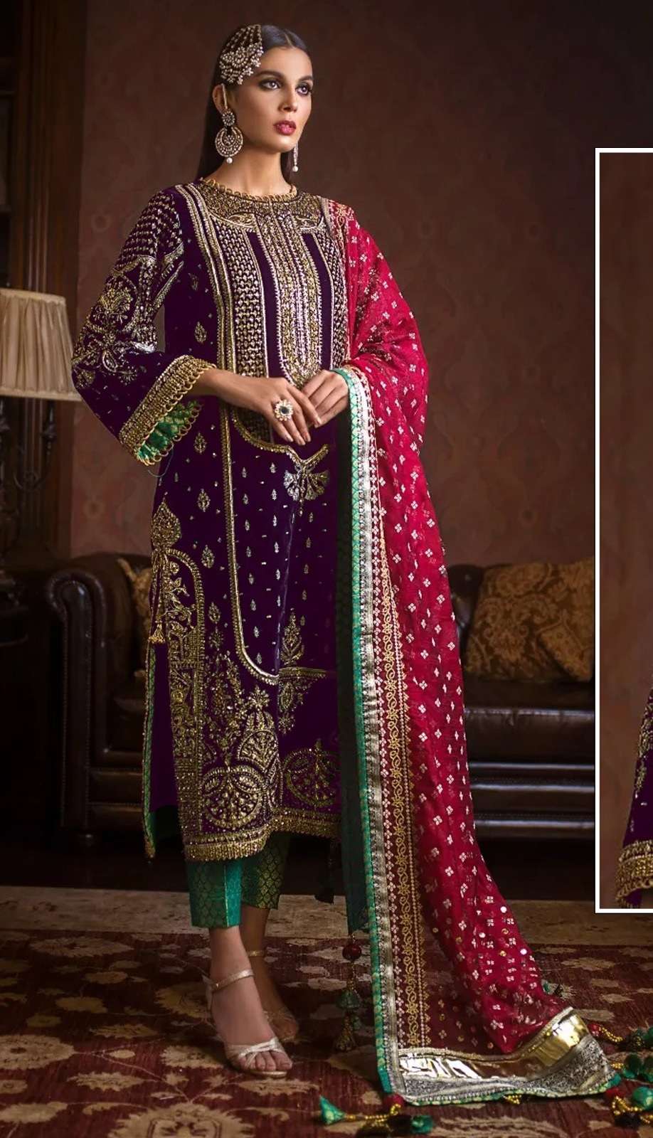 DESIGNER INDIAN PAKISTANI FANCY WEDDING PARTY WEAR WINE VELVET STRAIGHT SALWAR SUIT JG 4112 C