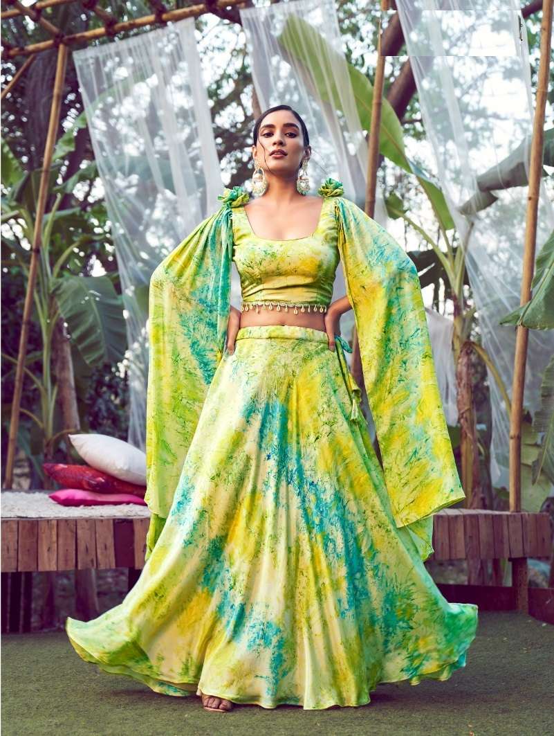 DESIGNER INDIAN PARTY WEAR HEAVY PRINTED GREEN SILK LEHENGA CHOLI WITH AARI WORK KF GIRLY 2313