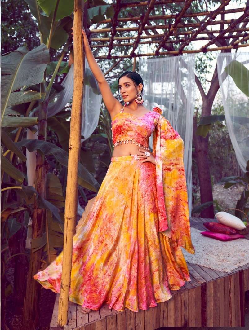 DESIGNER INDIAN PARTY WEAR HEAVY PRINTED ORANGE SILK LEHENGA CHOLI WITH AARI WORK KF GIRLY 2312