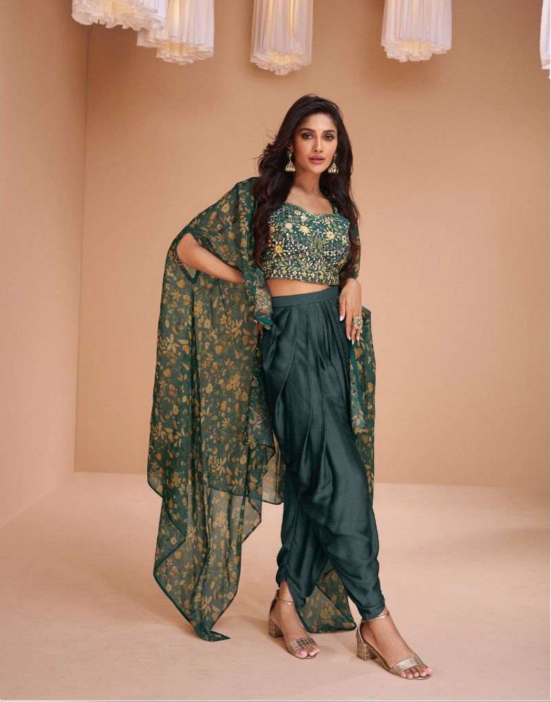 DESIGNER INDIAN WEDDING PARTY WEAR DARK GREEN REAL MIRROR WORK BLOUSE SHRUG STYLE DHOTI SALWAR SUIT SY PALKI 5354