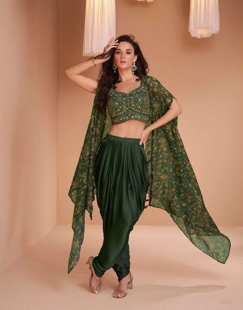 DESIGNER INDIAN WEDDING PARTY WEAR GREEN REAL MIRROR WORK BLOUSE SHRUG STYLE DHOTI SALWAR SUIT SY PALKI 5351