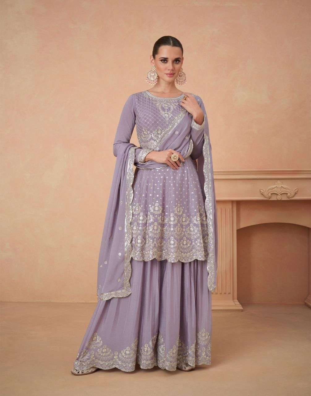 DESIGNER INDIAN WEDDING PARTY WEAR REAL CHINON FANCY LAVENDER SHARARA SALWAR SUIT GL AAHANA 9828