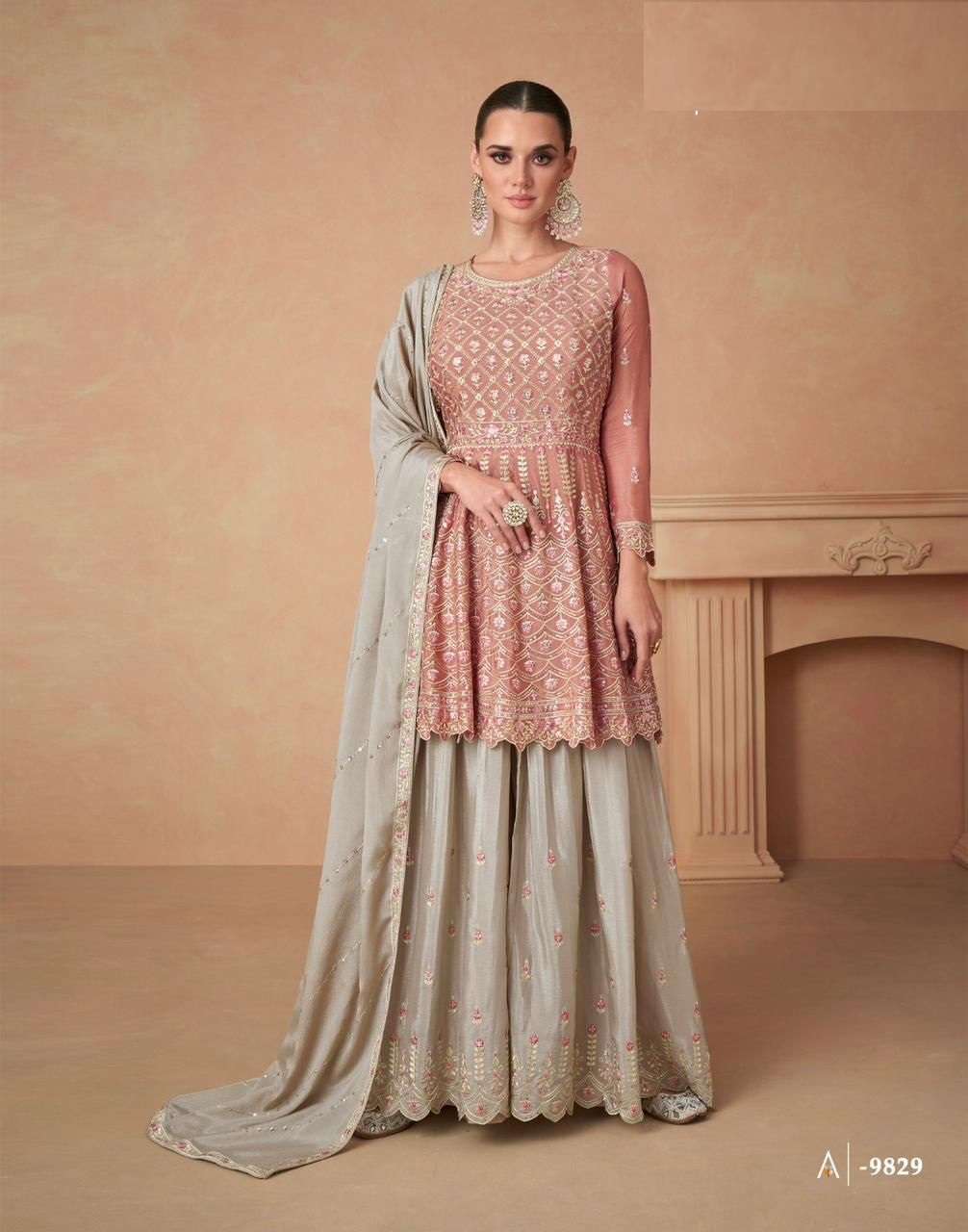 DESIGNER INDIAN WEDDING PARTY WEAR REAL CHINON FANCY PEACE SHARARA SALWAR SUIT GL AAHANA 9829