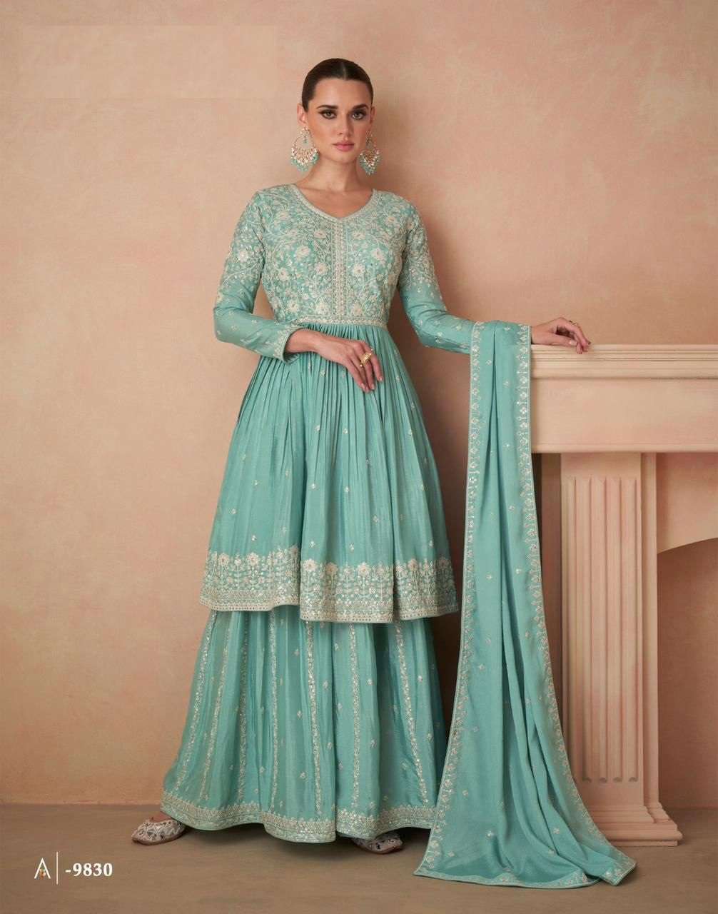 DESIGNER INDIAN WEDDING PARTY WEAR REAL CHINON FANCY BLUE GREEN SHARARA SALWAR SUIT GL AAHANA 9830