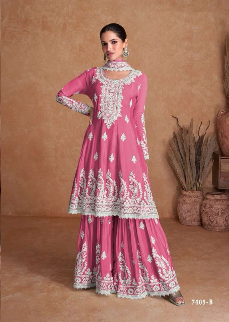 DESIGNER INDIAN WEDDING PARTY WEAR REAL SILK FANCY PINK SHARARA SALWAR SUIT GL 7405B