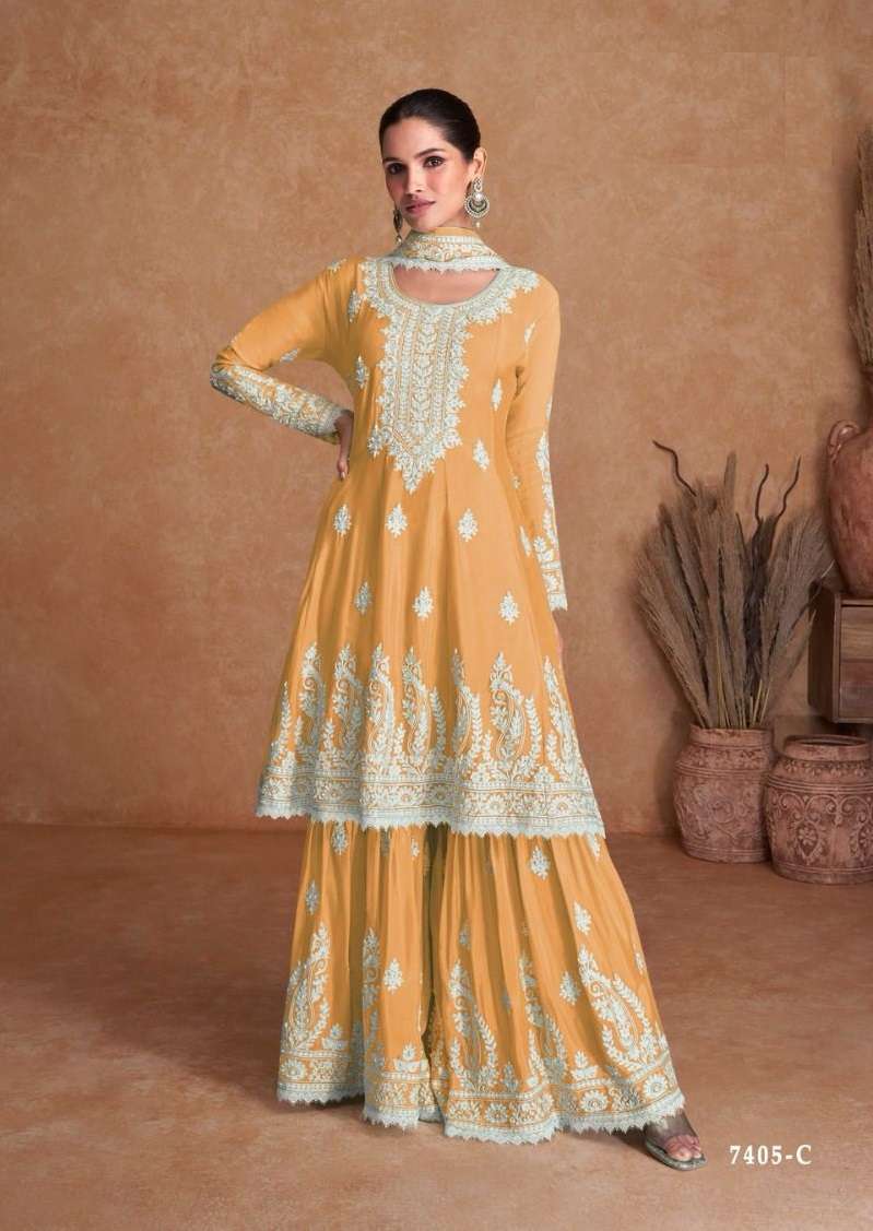 DESIGNER INDIAN WEDDING PARTY WEAR REAL SILK FANCY YELLOW SHARARA SALWAR SUIT GL 7405C