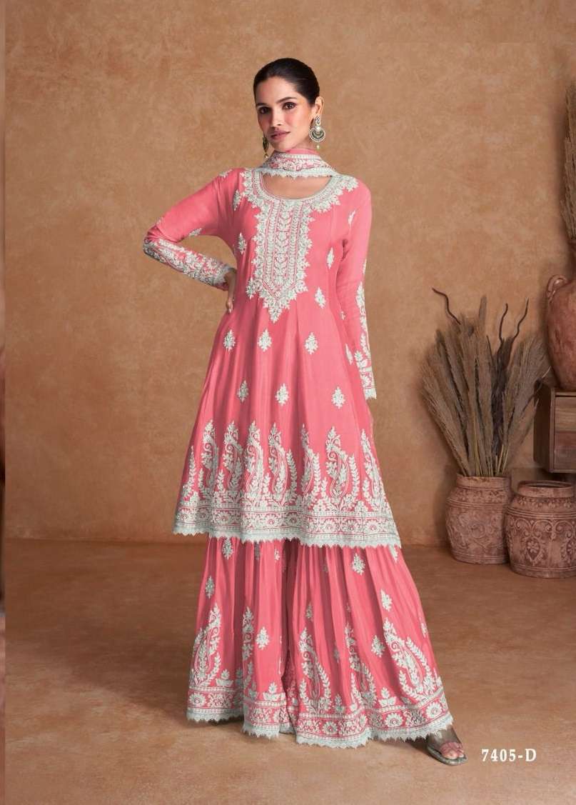 DESIGNER INDIAN WEDDING PARTY WEAR REAL SILK FANCY PEACE SHARARA SALWAR SUIT GL 7405D