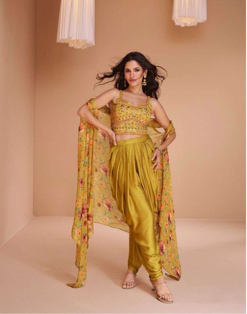 DESIGNER INDIAN WEDDING PARTY WEAR YELLOW REAL MIRROR WORK BLOUSE SHRUG STYLE DHOTI SALWAR SUIT SY PALKI 5355