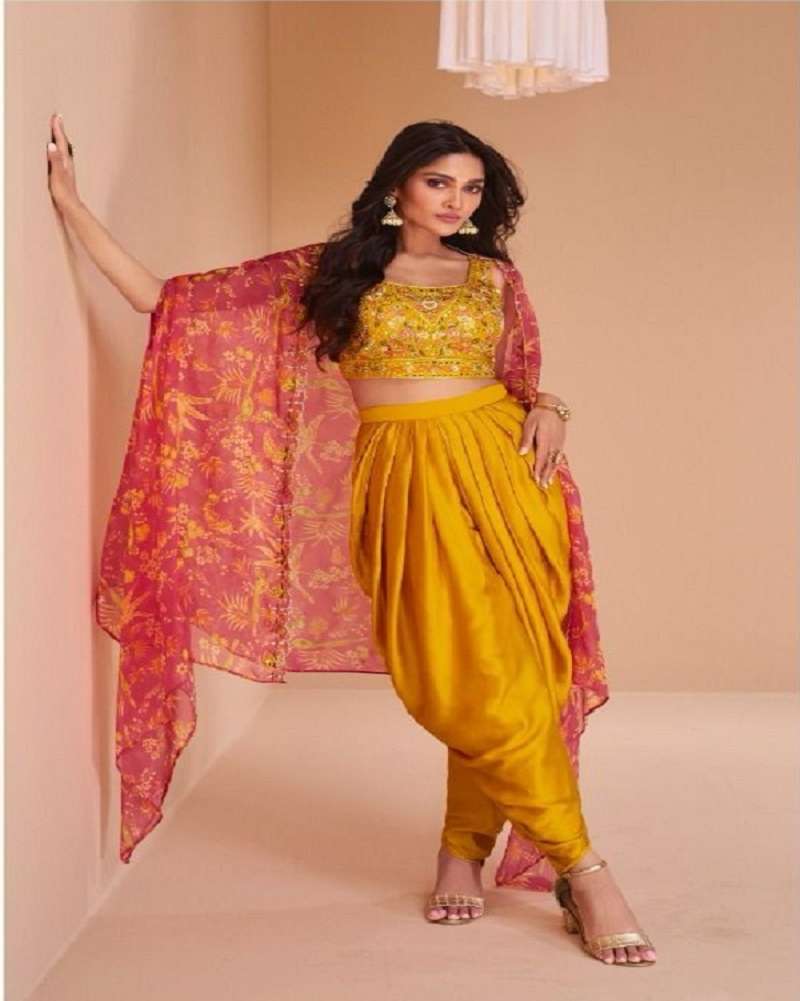 DESIGNER INDIAN WEDDING PARTY WEAR YELLOW REAL MIRROR WORK BLOUSE SHRUG STYLE DHOTI SALWAR SUIT SY PALKI 5352