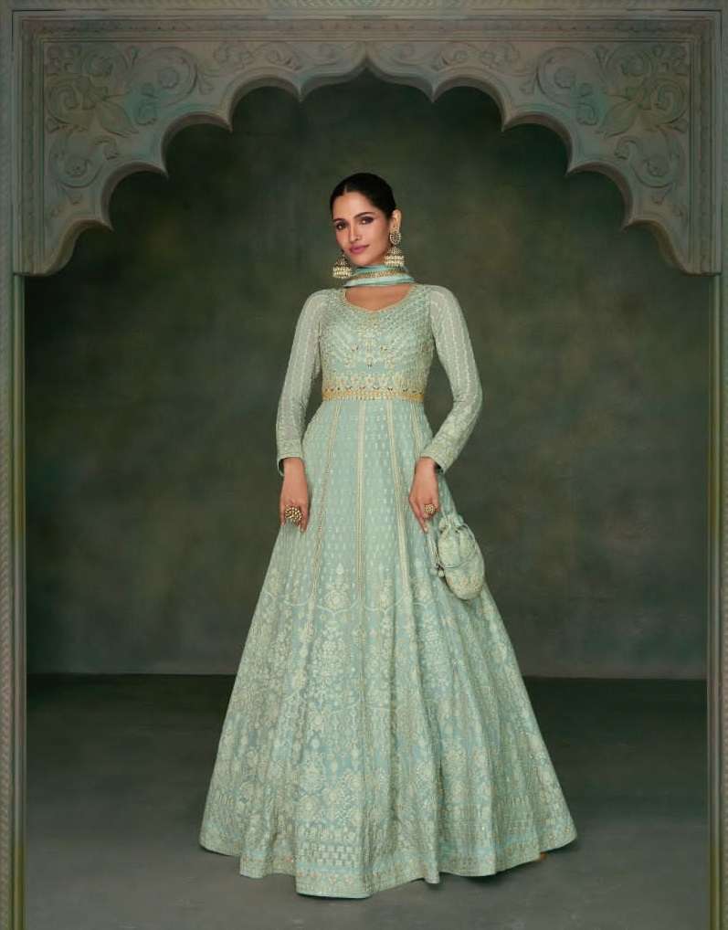 DESIGNER PISTA GREEN WEDDING PARTY WEAR REAL GEORGETTE INDIAN ANARKALI SALWAR SUIT GOWN WITH DUPATTA SY NAYAAB 5348