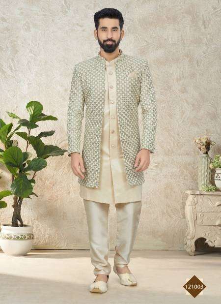 DESIGNER WEDDING PARTY WEAR BEIGE INDO WESTERN WEAR SHERWANI AND KURTA PAJAMA SET FOR MENS DST 211003