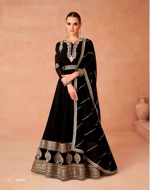 DESIGNER WEDDING PARTY WEAR BLACK REAL GEORGETTE INDIAN ANARKALI SALWAR SUIT GOWN WITH DUPATTA AF ANDAZ 9878