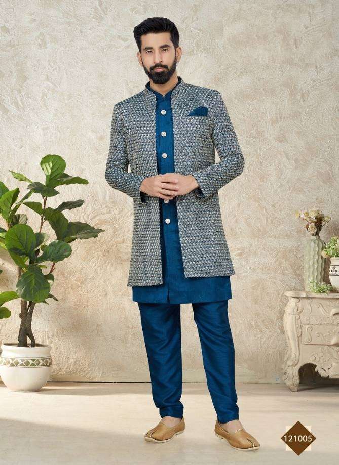 DESIGNER WEDDING PARTY WEAR BLUE INDO WESTERN WEAR SHERWANI AND KURTA PAJAMA SET FOR MENS DST 211005