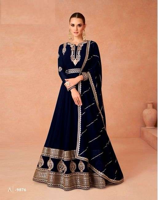 DESIGNER WEDDING PARTY WEAR BLUE REAL GEORGETTE INDIAN ANARKALI SALWAR SUIT GOWN WITH DUPATTA AF ANDAZ 9876