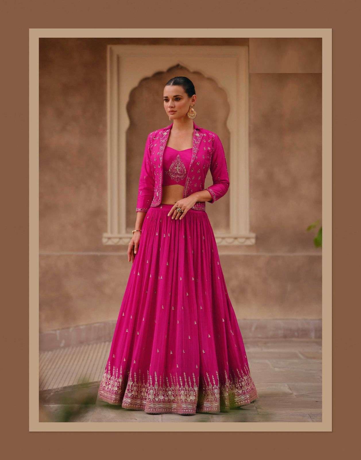 DESIGNER WEDDING PARTY WEAR CHINON SILK PINK KOTI SKIRT SALWAR SUIT GOWN SY SIMRAN 5391