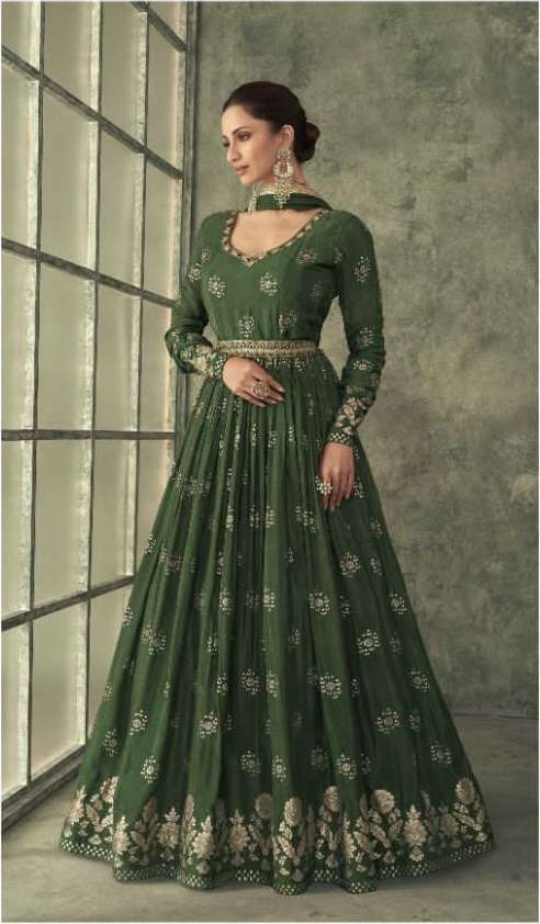 DESIGNER WEDDING PARTY WEAR GREEN PURE VISCOSE SILK INDIAN ANARKALI SALWAR SUIT GOWN SY SHINE 5253