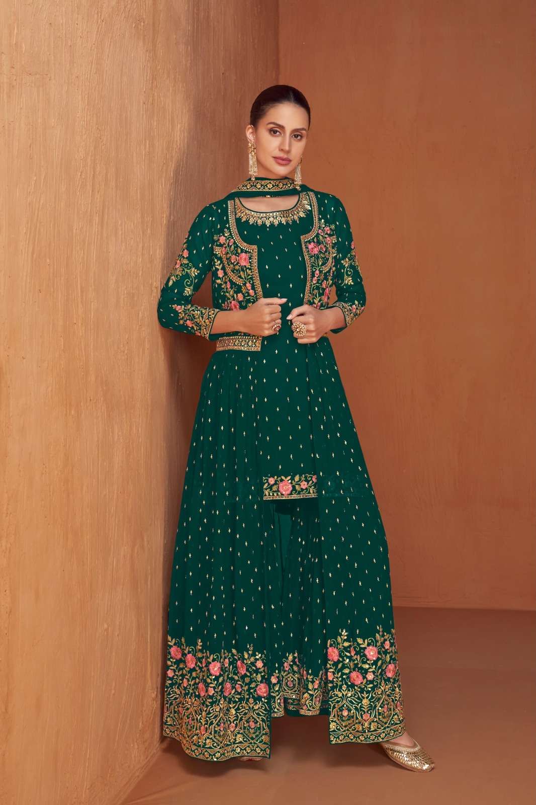 DESIGNER WEDDING PARTY WEAR GREEN REAL GEORGETTE KOTI ANARKALI SALWAR SUIT GOWN WITH DUPATTA GL JASMEEN 7429B