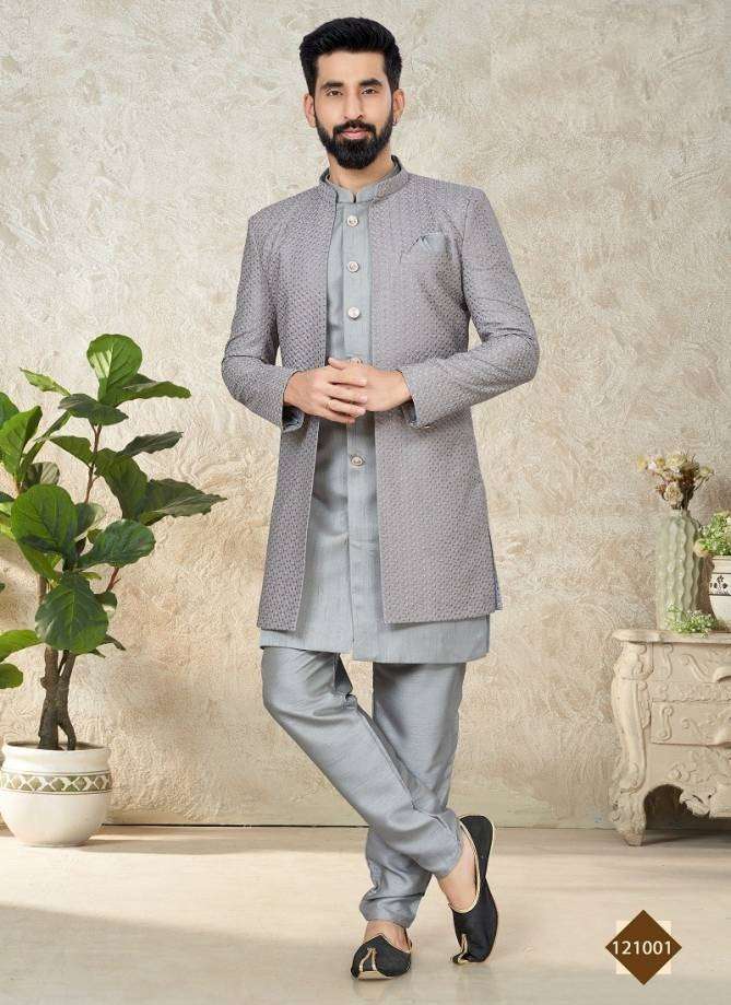 DESIGNER WEDDING PARTY WEAR GREY INDO WESTERN WEAR SHERWANI AND KURTA PAJAMA SET FOR MENS DST 211001