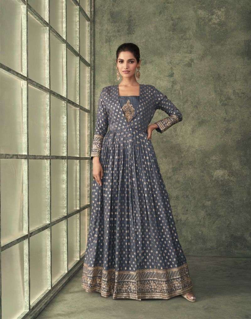 DESIGNER WEDDING PARTY WEAR GREY PURE VISCOSE SILK INDIAN ANARKALI SALWAR SUIT GOWN SY SHINE 5252