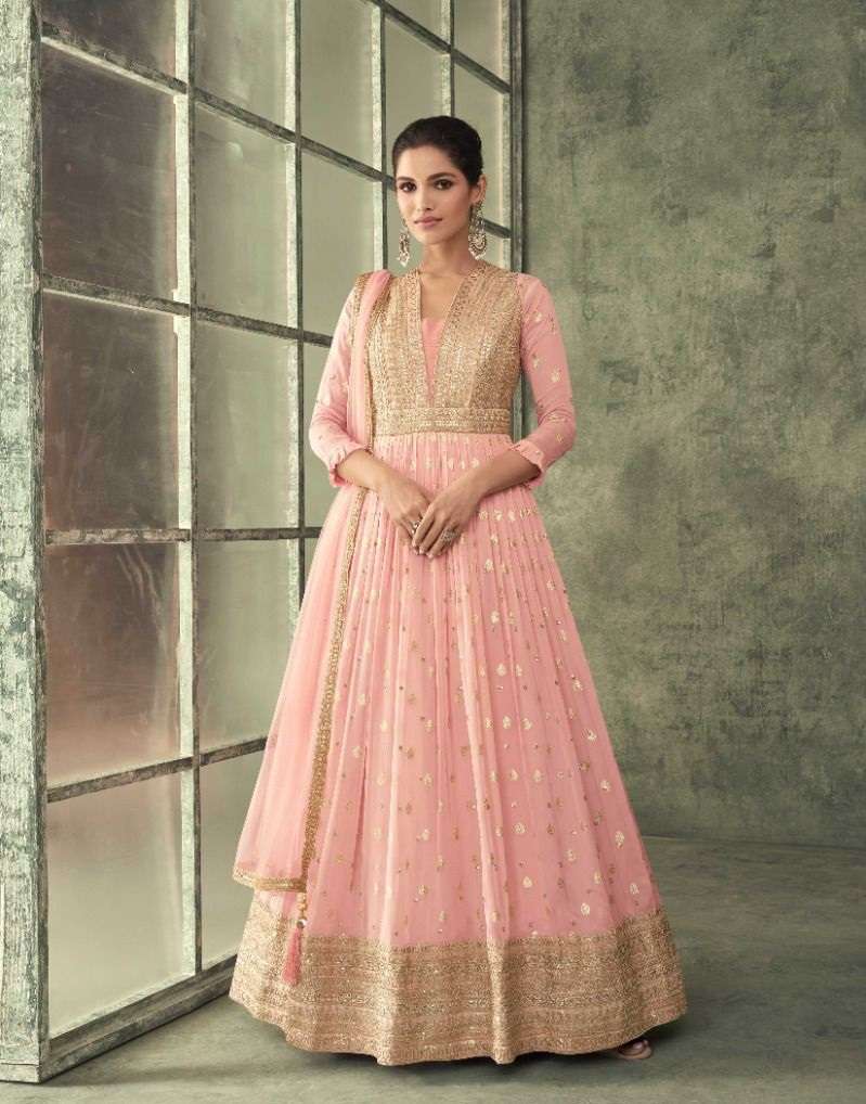 DESIGNER WEDDING PARTY WEAR PINK PURE VISCOSE SILK INDIAN ANARKALI SALWAR SUIT GOWN SY SHINE 5254