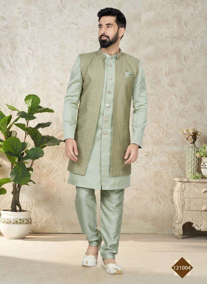 DESIGNER WEDDING PARTY WEAR PISTA GREEN INDO WESTERN WEAR SHERWANI AND KURTA PAJAMA SET FOR MENS DST 211004