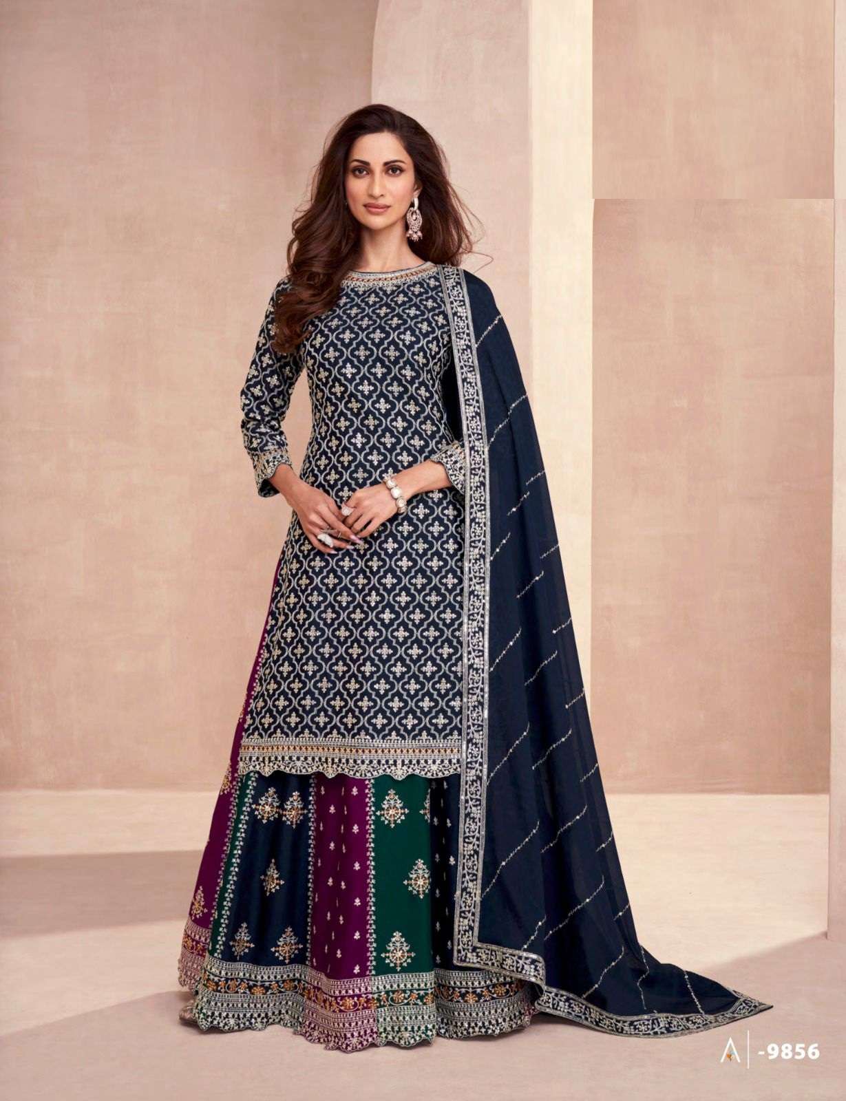 DESIGNER WEDDING PARTY WEAR PREMIUM CHINON SILK BLUE TOP SKIRT FANCY SALWAR SUIT AF COLOR 9856