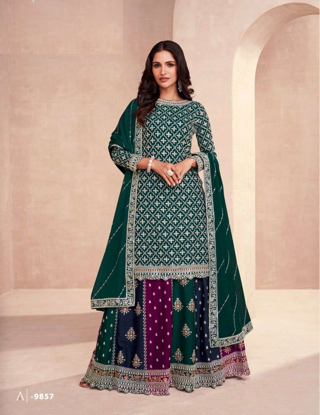 DESIGNER WEDDING PARTY WEAR PREMIUM CHINON SILK GREEN TOP SKIRT FANCY SALWAR SUIT AF COLOR 9857