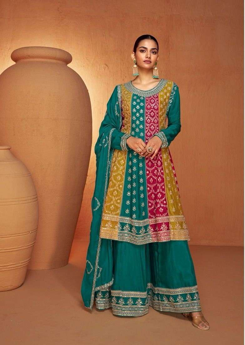 DESIGNER WEDDING PARTY WEAR PREMIUM CHINON SILK MULTICOLOR SHARARA SALWAR SUIT GL RUHI 7430 COLORA