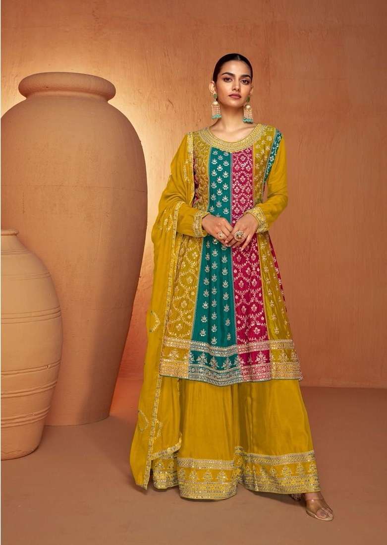 DESIGNER WEDDING PARTY WEAR PREMIUM CHINON SILK MULTICOLOR SHARARA SALWAR SUIT GL RUHI 7430 COLORB