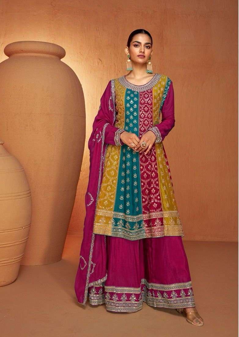 DESIGNER WEDDING PARTY WEAR PREMIUM CHINON SILK MULTICOLOR SHARARA SALWAR SUIT GL RUHI 7430 COLORC