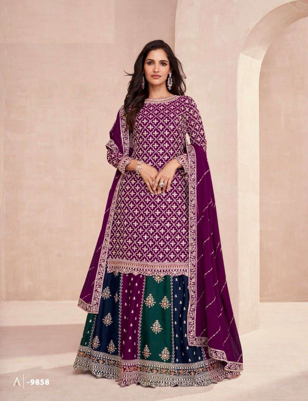 DESIGNER WEDDING PARTY WEAR PREMIUM CHINON SILK WINE TOP SKIRT FANCY SALWAR SUIT AF COLOR 9858