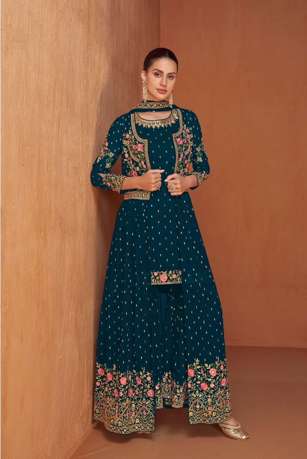 DESIGNER WEDDING PARTY WEAR RAMA BLUE REAL GEORGETTE KOTI ANARKALI SALWAR SUIT GOWN WITH DUPATTA GL JASMEEN 7429C