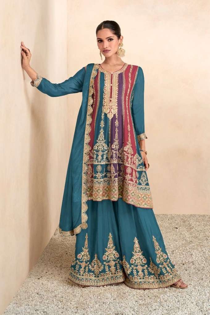 DESIGNER WEDDING PARTY WEAR REAL CHINON FANCY BLUE SHARARA SALWAR SUIT GL 7601C