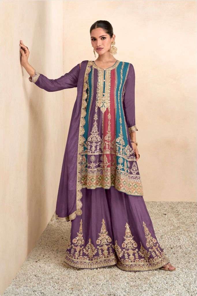 DESIGNER WEDDING PARTY WEAR REAL CHINON FANCY PURPLE SHARARA SALWAR SUIT GL 7601B