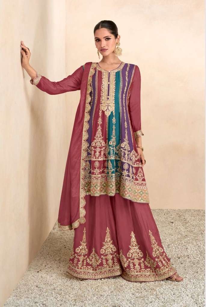 DESIGNER WEDDING PARTY WEAR REAL CHINON FANCY RED SHARARA SALWAR SUIT GL 7601A