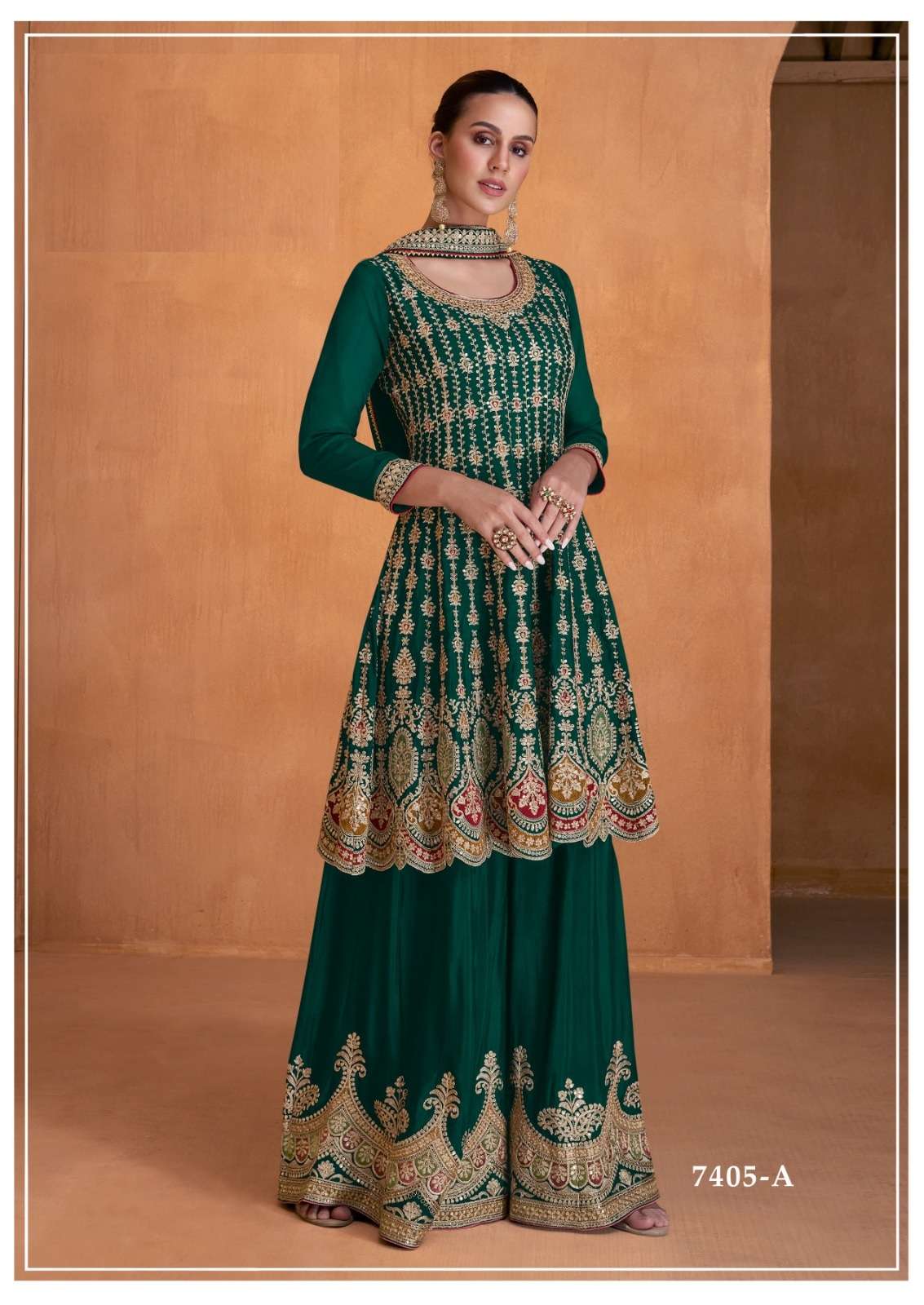 DESIGNER WEDDING PARTY WEAR REAL CHINON TOP SKIRT FANCY GREEN SHARARA SALWAR SUIT GL SAYRA 7405A