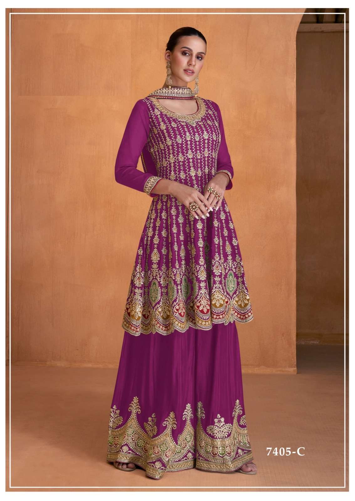 DESIGNER WEDDING PARTY WEAR REAL CHINON TOP SKIRT FANCY DEEP PINK SHARARA SALWAR SUIT GL SAYRA 7405C