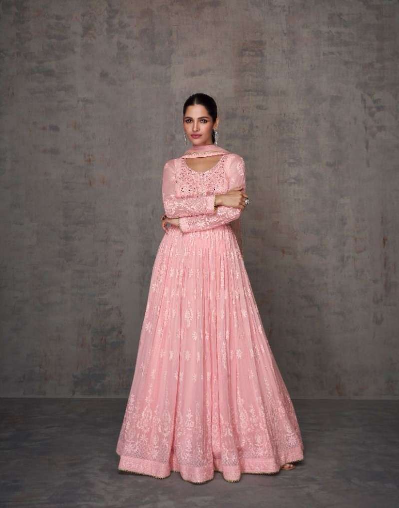 DESIGNER WEDDING PARTY WEAR REAL GEORGETTE PINK ANARKALI SALWAR SUIT GOWN WITH DUPATTA SY QURBAT 5370