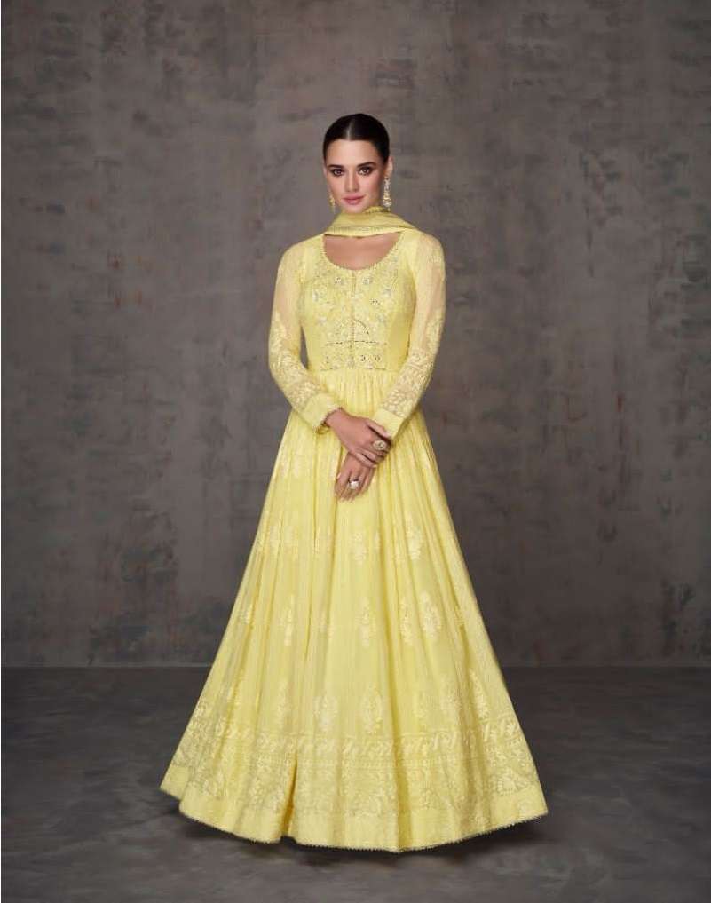 DESIGNER WEDDING PARTY WEAR REAL GEORGETTE YELLOW ANARKALI SALWAR SUIT GOWN WITH DUPATTA SY QURBAT 5372