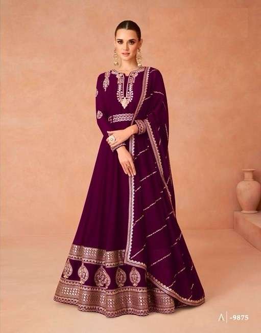 DESIGNER WEDDING PARTY WEAR WINE REAL GEORGETTE INDIAN ANARKALI SALWAR SUIT GOWN WITH DUPATTA AF ANDAZ 9875