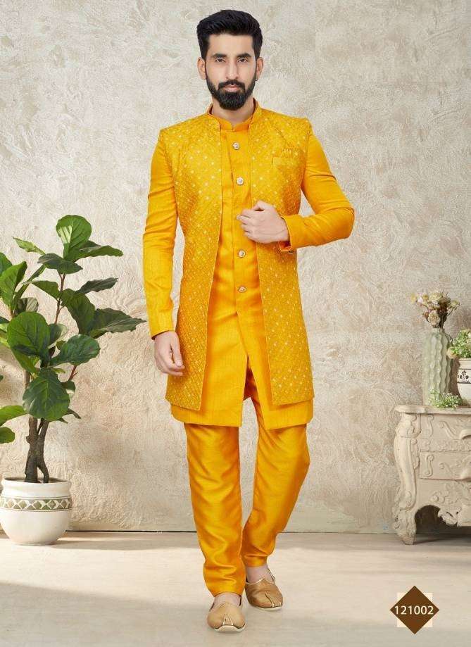 DESIGNER WEDDING PARTY WEAR YELLOW INDO WESTERN WEAR SHERWANI AND KURTA PAJAMA SET FOR MENS DST 211002